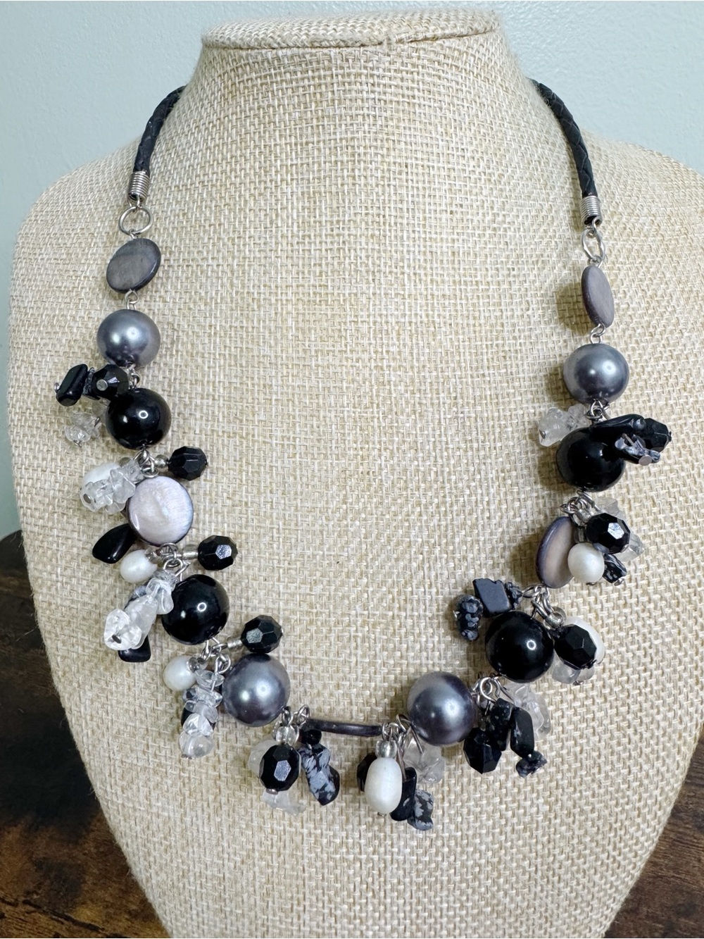 Cluster Beaded Necklace Freshwater Pearl Shell Quartz Grey Black Silver Tone